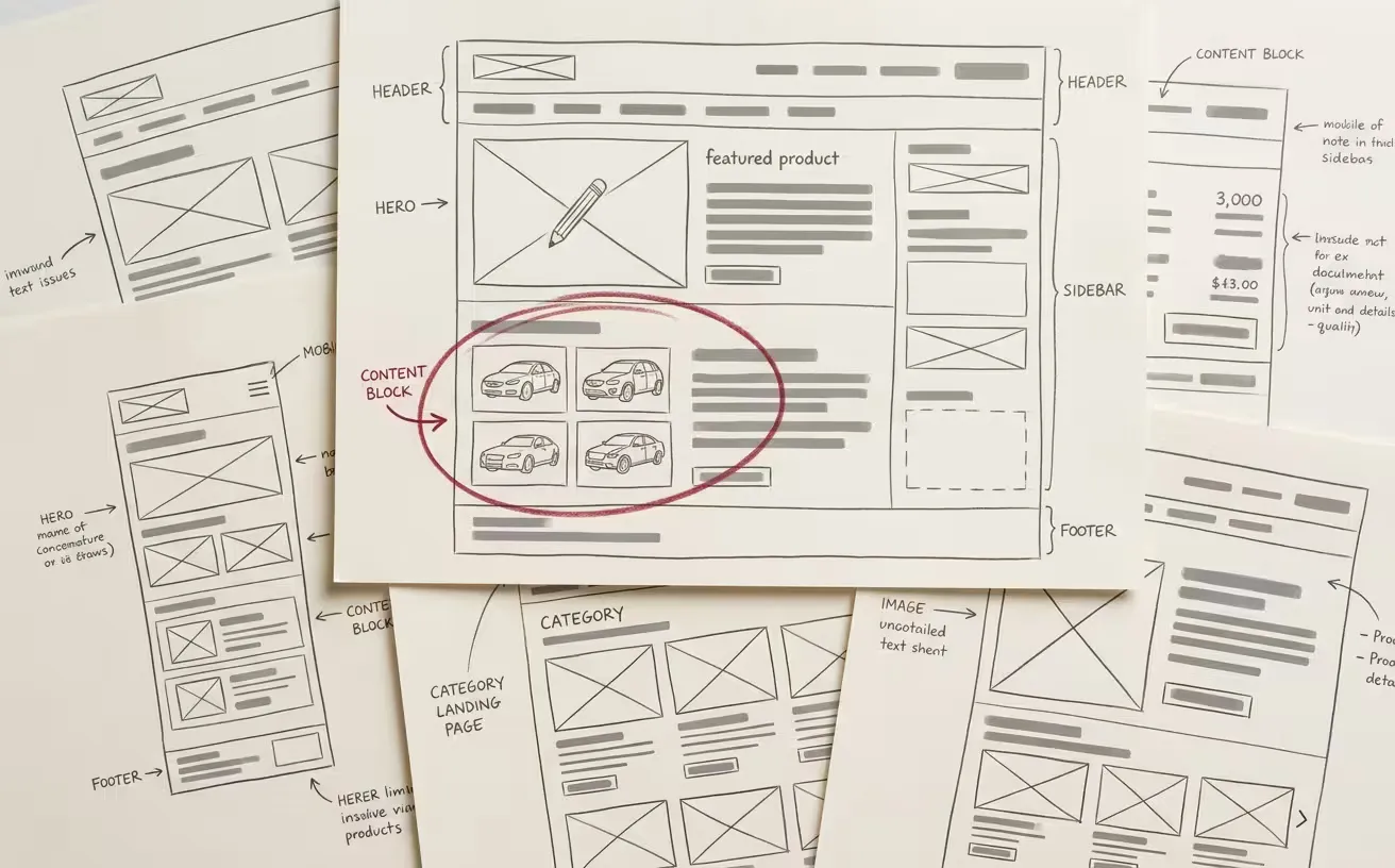 Bocetos impresos de la maqueta de una web con anotaciones a lápiz sobre una mesa de trabajo