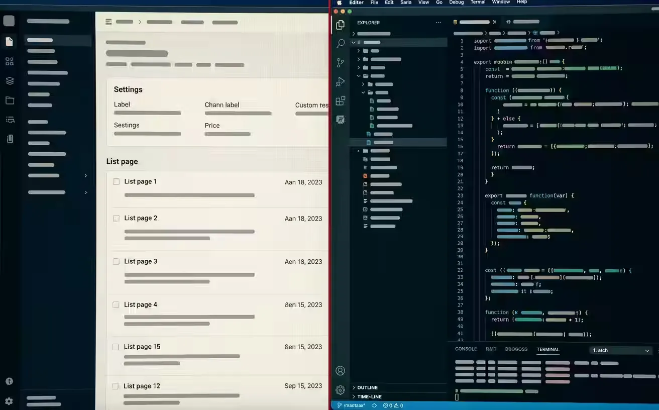 Dos pantallas comparadas: un panel de gestión de contenidos y un editor de código